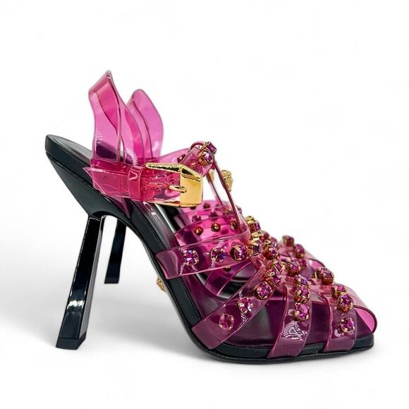 NWOT DUALIPAxVERSACE Medusa Runway Studded Jelly Slant Heel Sandals Size… - Picture 6 of 14